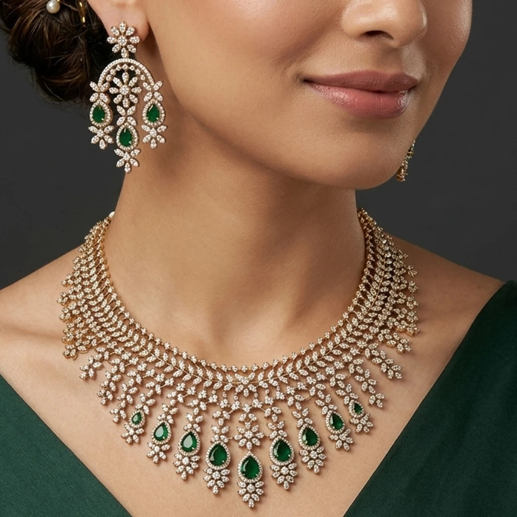 Elegents' Ad Stone Green Bridal Necklace Set